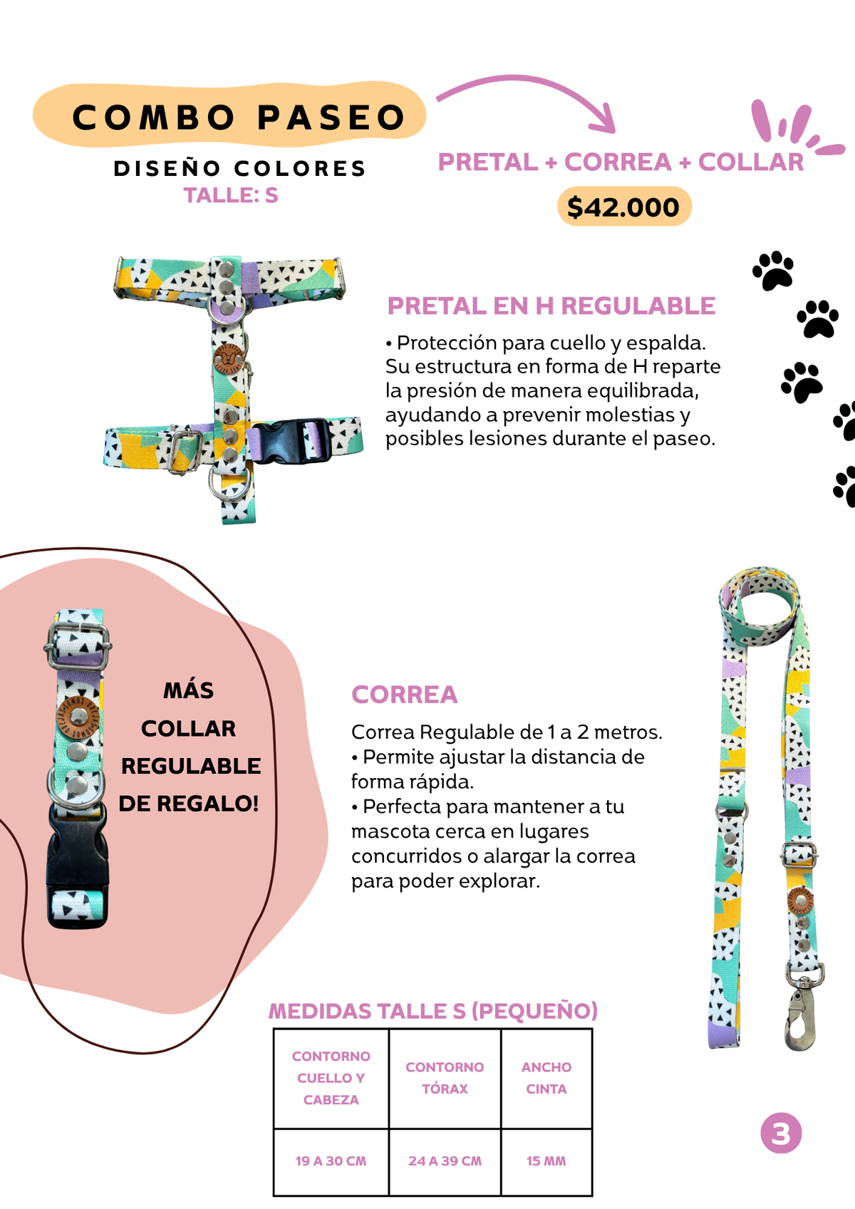 Combo Paseo: Pretal en H + Correa + Collar de Regalo 🐾💕