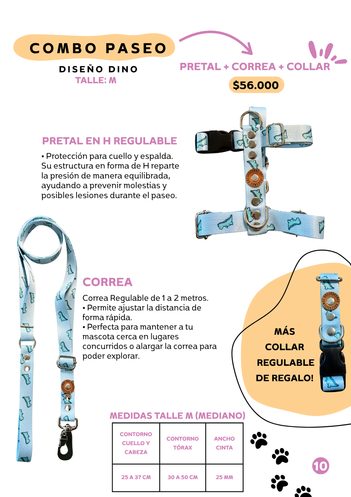 Combo Paseo: Pretal en H + Correa + Collar de Regalo 🐾💕