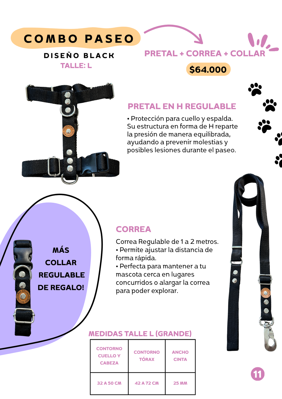 Combo Paseo: Pretal en H + Correa + Collar de Regalo 🐾💕