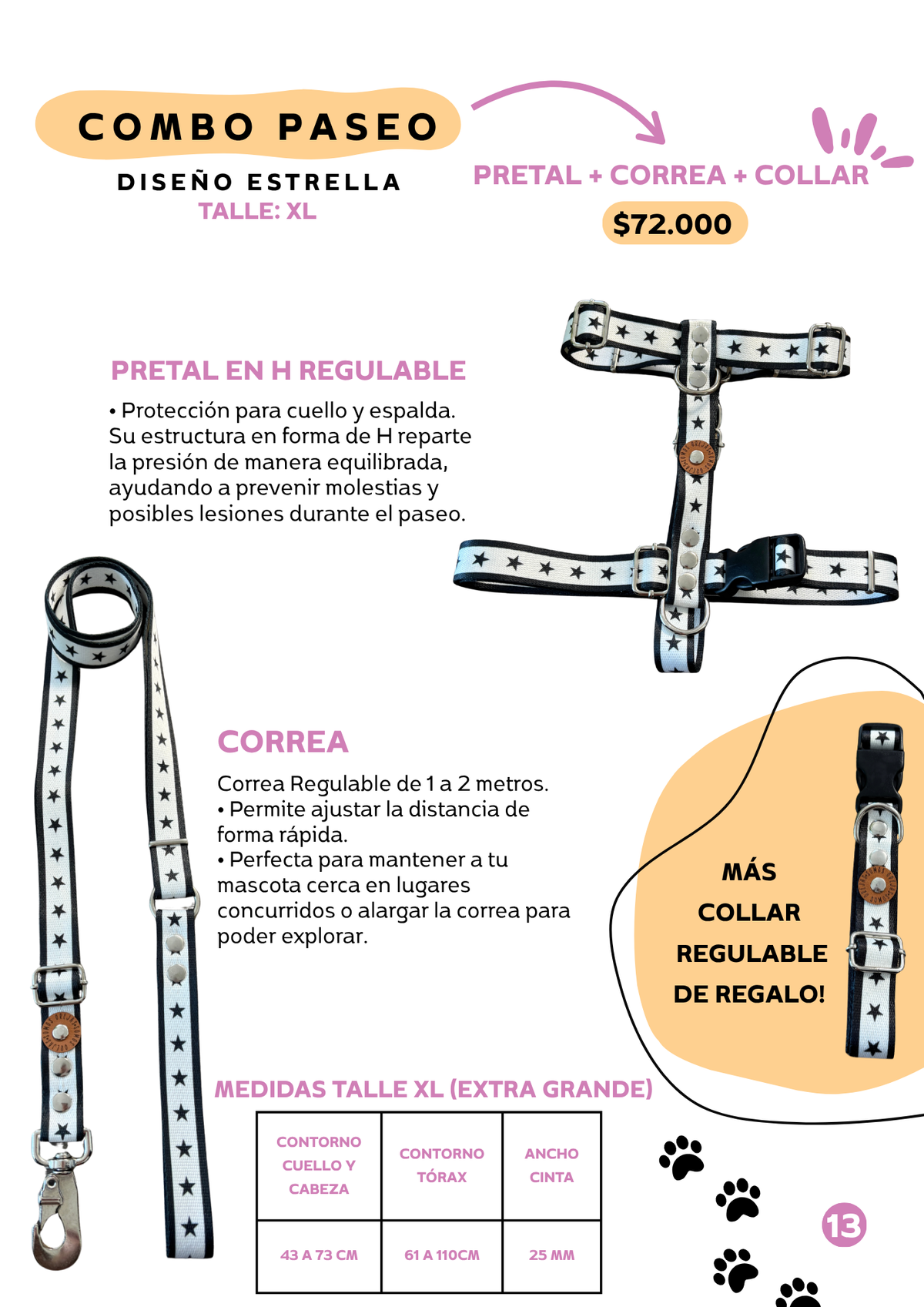 Combo Paseo: Pretal en H + Correa + Collar de Regalo 🐾💕