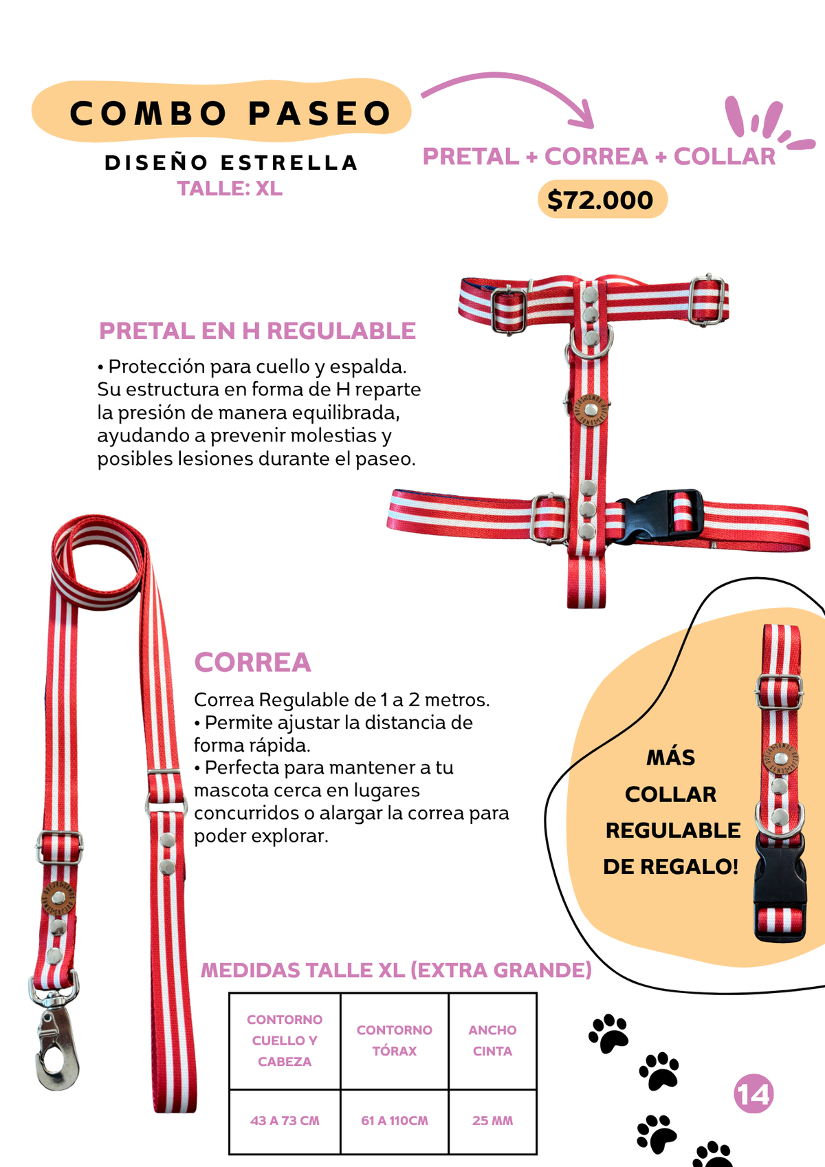 Combo Paseo: Pretal en H + Correa + Collar de Regalo 🐾💕